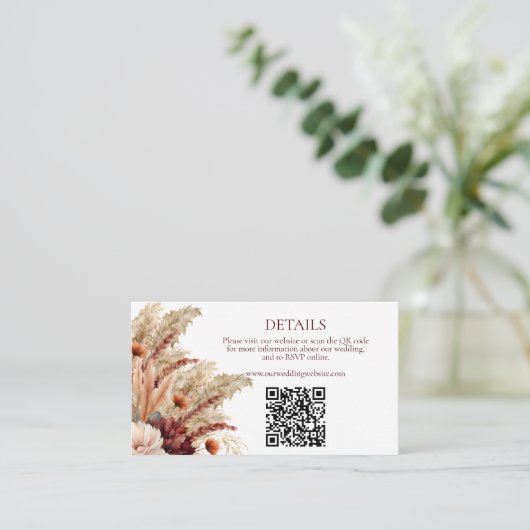 Boho Herfst Bloemen Pampas Grass Trouwdetails QR Informatiekaartje (Staand voorkant)