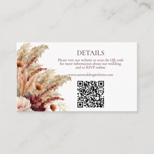Boho Herfst Bloemen Pampas Grass Trouwdetails QR Informatiekaartje (Voorkant)