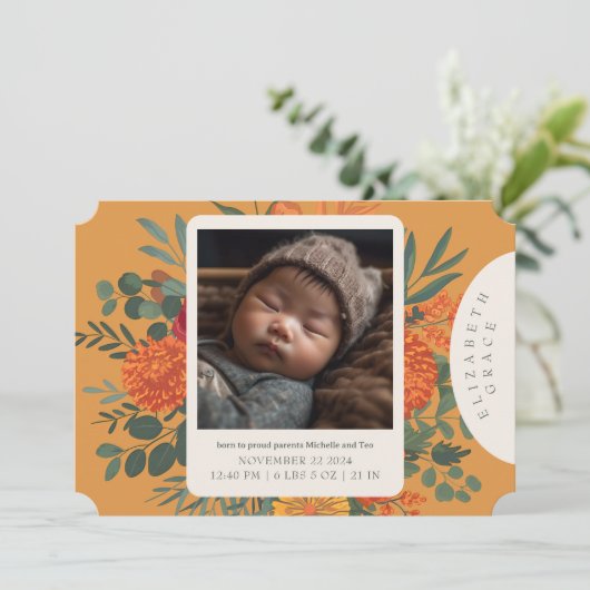 Boho Herfst Bloemen Pasgeboren Aankondiging (Staand voorkant)