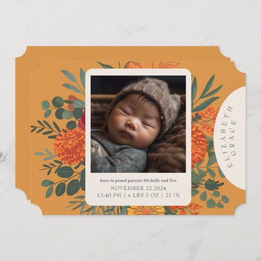 Boho Herfst Bloemen Pasgeboren Aankondiging (Voorkant / Achterkant)