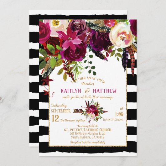 Boho Herfst Bloemen Pijl Boeket Stripe Huwelijk Kaart (Voorkant / Achterkant)