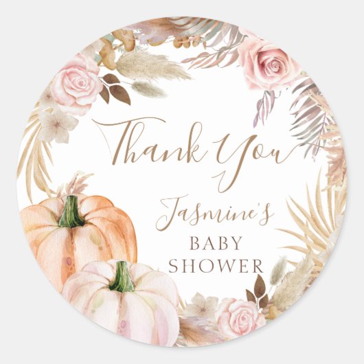 Boho Herfst Bloemen Pompoen Baby shower Classic Ronde Sticker (Voorkant)