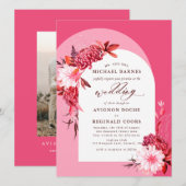 Boho Herfst Bloemen Roze Boog Foto Huwelijk Kaart (Voorkant / Achterkant)