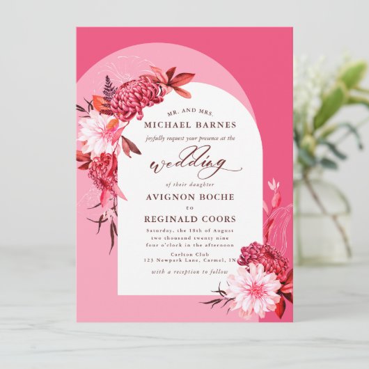 Boho Herfst Bloemen Roze Boog Foto Huwelijk Kaart (Staand voorkant)