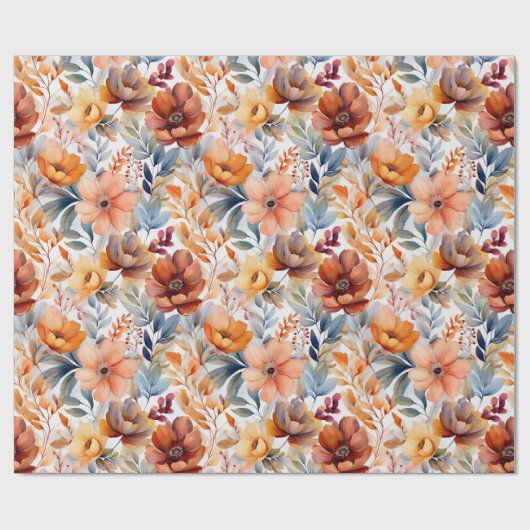 Boho Herfst Bloemen Terracotta Apricot Blauw Cadeaupapier (Vlak)