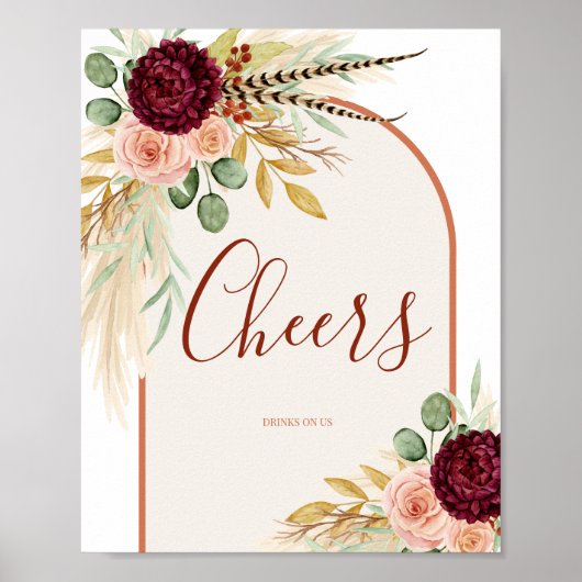 Boho Herfst Bloemen Trouwbar Cheers Tafelteken Poster (Voorkant)