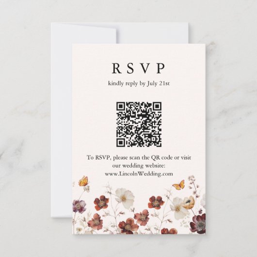 Boho herfst bloemen vlinder bruiloft QR-code RSVP Kaartje (Voorkant)