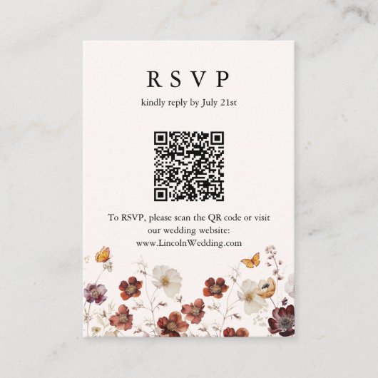Boho Herfst Bloemen Vlinder Huwelijk QR Code RSVP Informatiekaartje (Voorkant)