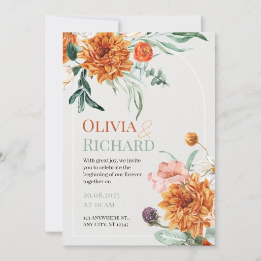 Boho Herfst Bloemen Waterverf bruiloft Uitnodigen Kaart (Voorkant)