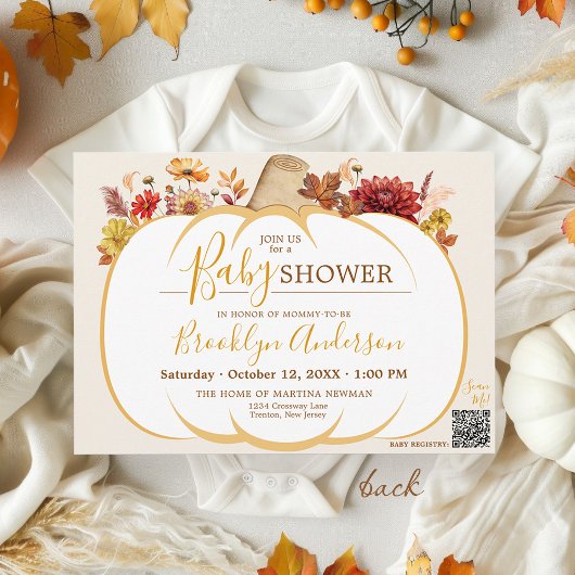 Boho Herfst Bloemen Witte Pompoen Baby shower Save The Date