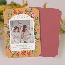 Boho Herfst Bloemenboog Foto Geboorteaankondiging Kaart
