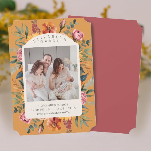 Boho Herfst Bloemenboog Foto Geboorteaankondiging Kaart