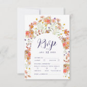Boho Herfst Bloemenboog Navy Blauw & Wit Huwelijk RSVP Kaartje (Voorkant)