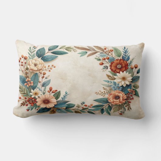 Boho Herfst Bloemenkrans Kussen - Teal Bladeren Co (Voorkant)