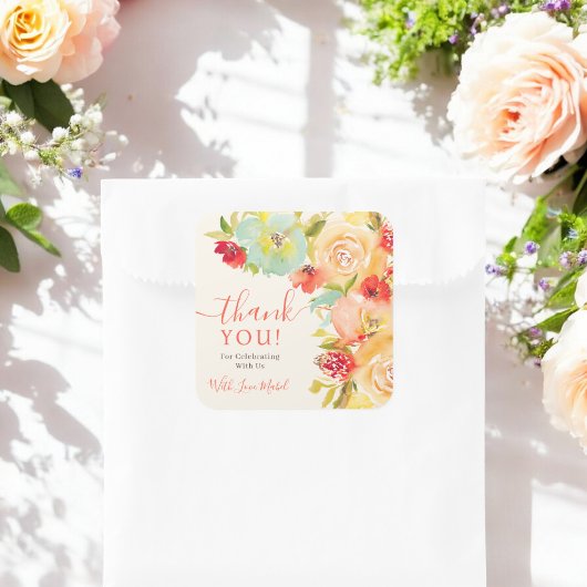 Boho herfst bloemenschildering waterverf bruidsdou vierkante sticker