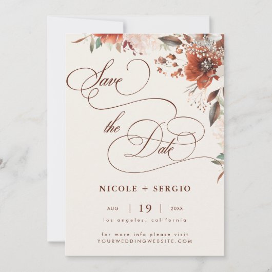 Boho-herfst bloemige elegante script & foto bruilo save the date (Voorkant)