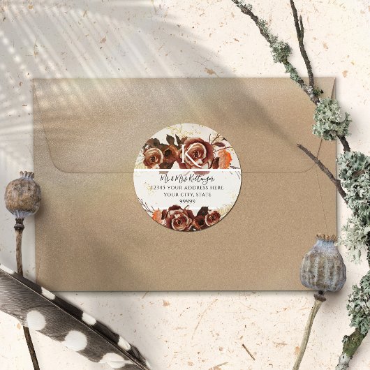 BOHO-herfst bloemige herfstbladeren monogramadres Ronde Sticker