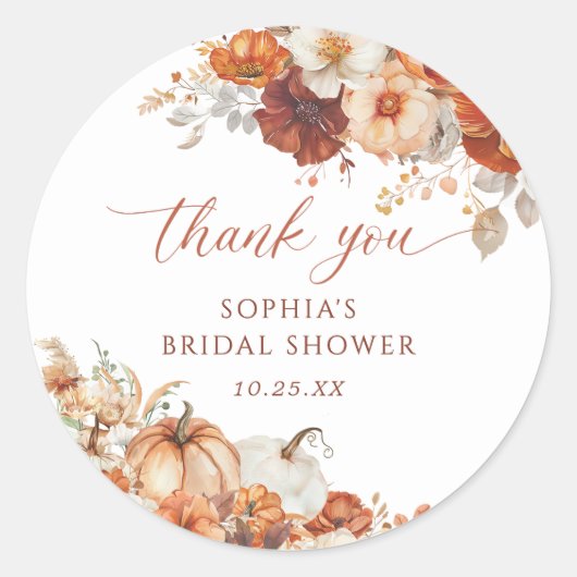 Boho Herfst Bloemige Pompoen Bruiloft Feest Ronde Sticker (Voorkant)