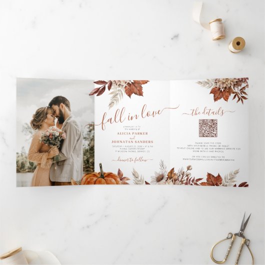 Boho herfst botanische foto QR RSVP details bruilo Drieluik Uitnodiging (Binnen)