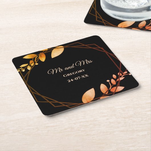 Boho herfst botanische gouden lijst bruiloft kartonnen onderzetters (Schuin)