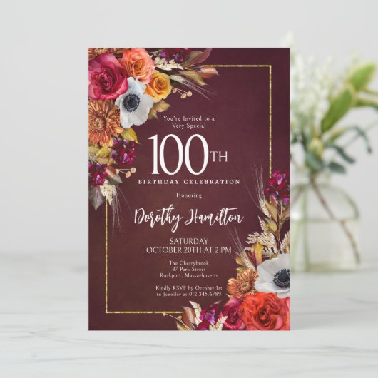 Boho Herfst Bourgogne Bloemen Script 100e Verjaard Kaart (Staand voorkant)