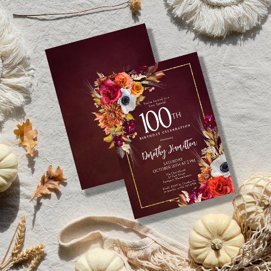 Boho Herfst Bourgogne Bloemen Script 100e Verjaard Kaart