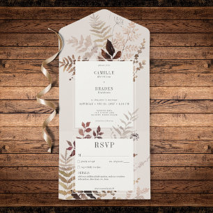 Boho Herfst Brown Botanische bruiloft geen diner All In One Uitnodiging
