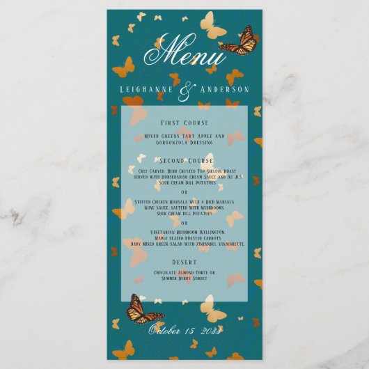 Boho herfst bruiloft koper en Blauwgroen vlinder Menu (Voorkant)