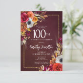 Boho Herfst Burgundy Bloemrijke Script 100ste Verj Kaart (Staand voorkant)