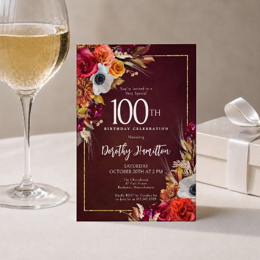 Boho Herfst Burgundy Bloemrijke Script 100ste Verj Kaart