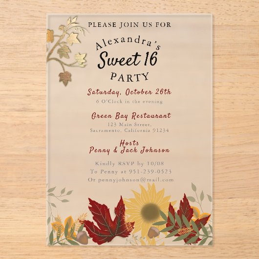 Boho Herfst Chic Sweet 16 Acryl Uitnodigingen (Voorkant)