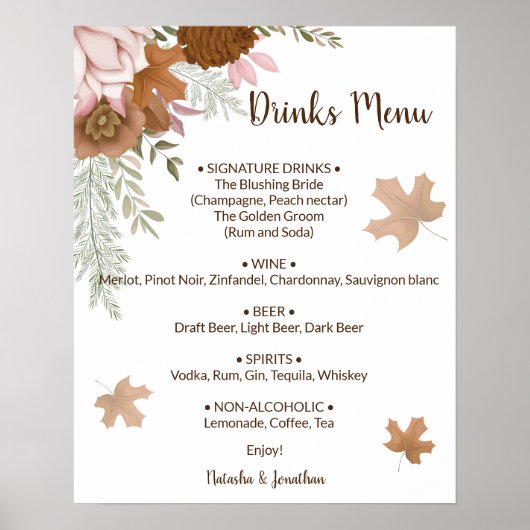 Boho Herfst Dranken Menu Trouw Bord Poster (Voorkant)