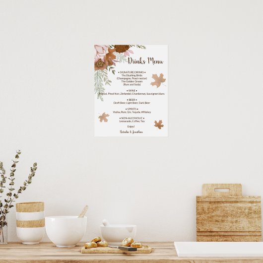 Boho Herfst Dranken Menu Trouwfeest Bord Poster (Keuken)