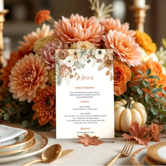 Boho-herfst droge bloemen bruiloft | Menu Kaart