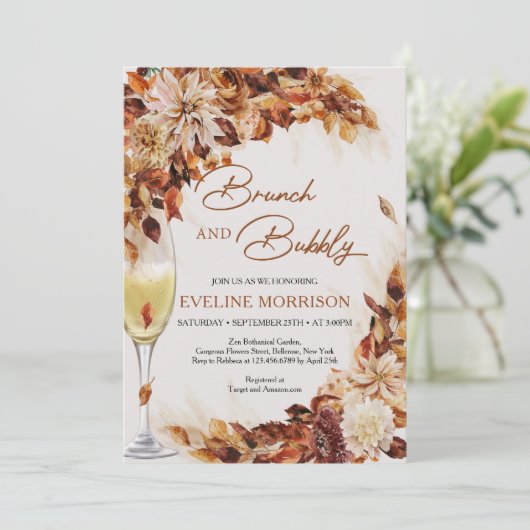 Boho herfst en herfst bladeren brunch en bubbly kaart (Staand voorkant)