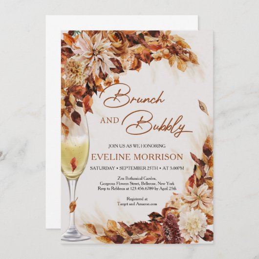 Boho herfst en herfst bladeren brunch en bubbly kaart (Voorkant / Achterkant)