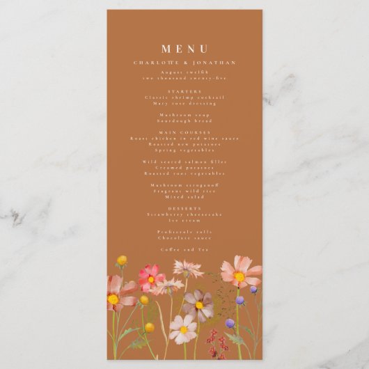 Boho Herfst Floral Burnt Oranje Wedding Menu (Voorkant)