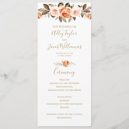 Boho Herfst Floral Burnt Oranje Wedding Programme Programmakaart (Voorkant)