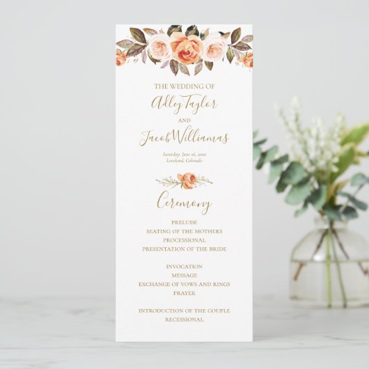 Boho Herfst Floral Burnt Oranje Wedding Programme Programmakaart (Staand voorkant)