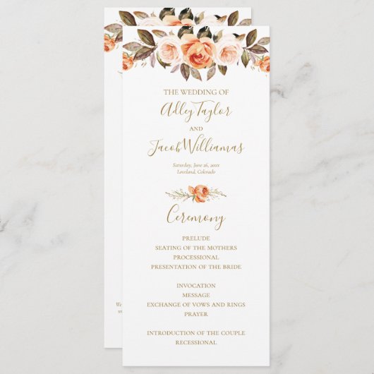 Boho Herfst Floral Burnt Oranje Wedding Programme Programmakaart (Voorkant / Achterkant)