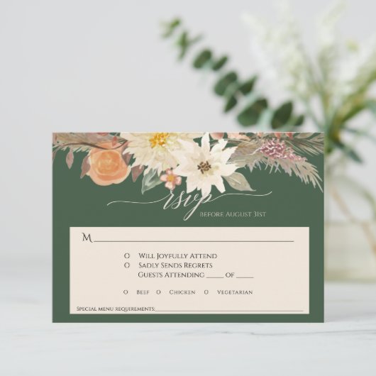 BOHO Herfst Floral Forest Green Pampas Grass Weddi RSVP Kaartje (Staand voorkant)