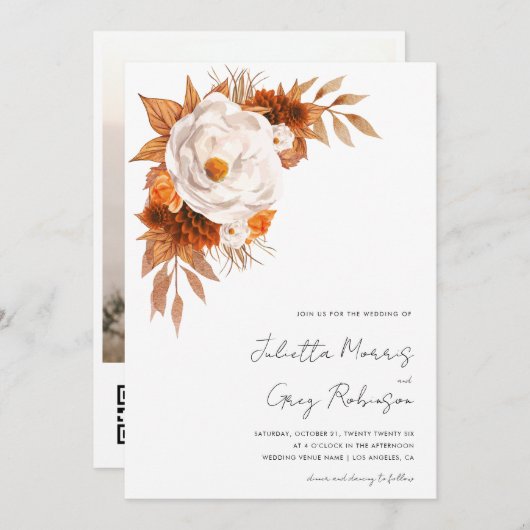 Boho Herfst Floral Modern Script QR Code Bruiloft Kaart (Voorkant / Achterkant)