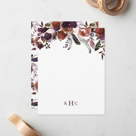 Boho Herfst Floral Monogrammed Stationery Note Kaa Notitiekaartje (Voorkant / Achterkant in situ)