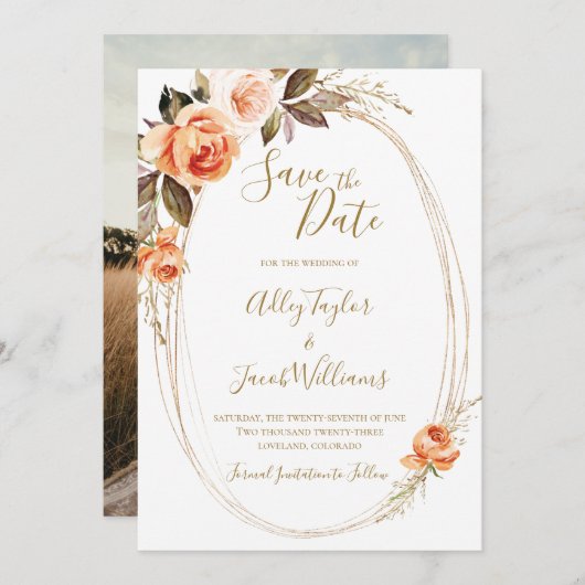 Boho Herfst Floral Photo Wedding Save the Date (Voorkant / Achterkant)