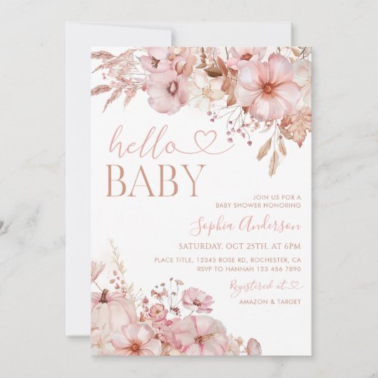 Boho Herfst Floral Pumpkin Baby shower Kaart (Voorkant)