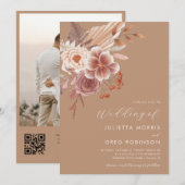 Boho Herfst Floral QR Code Foto Herfstbruiloft Kaart (Voorkant / Achterkant)