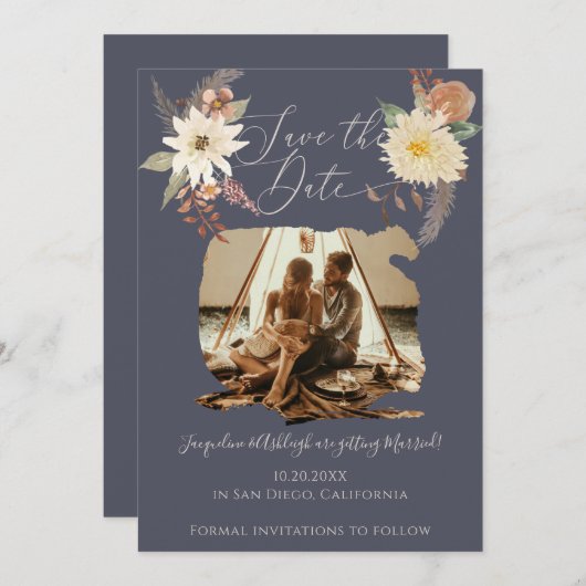 BOHO Herfst Floral Waterverf Foto modern script SA Save The Date (Voorkant / Achterkant)