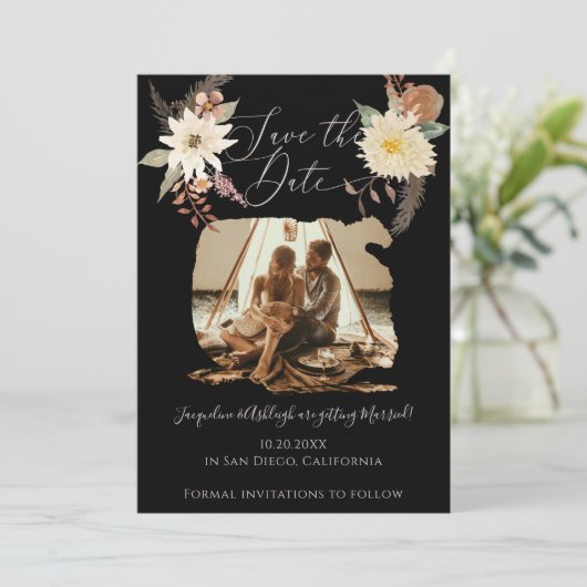 BOHO Herfst Floral Waterverf Foto zwart met script Save The Date (Staand voorkant)