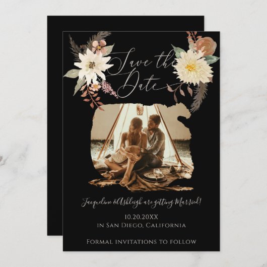 BOHO Herfst Floral Waterverf Foto zwart met script Save The Date (Voorkant / Achterkant)