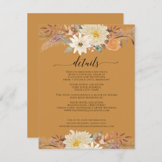 BOHO Herfst Floral Waterverf Organic Earthy Mustar Informatiekaartje (Voorkant / Achterkant)